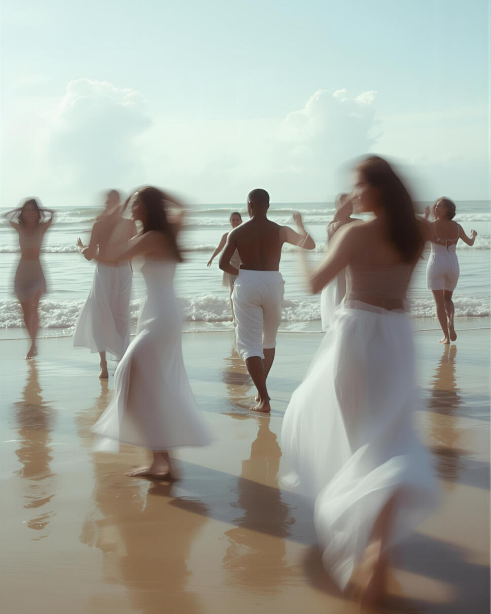 Group of dancers moving in flowing, expressive motion on the shoreline during a 5Rhythms practice, captured in soft, blurred movement